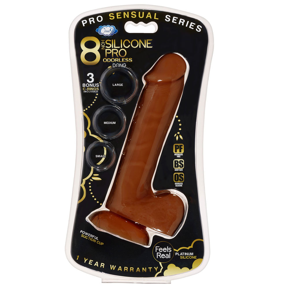 Pro Sensual Premium Silicone 8 Inch Dong With 3 Cockrings - Brown WTC852875