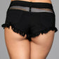 Denim Shorts With Fishnet Top Trimming and Fringe - Medium - Black