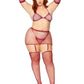 5 Pc Rhinestone Bikini Top G-String Garter Skirt,  Gloves and Stockings - Queen Size - Burgundy
