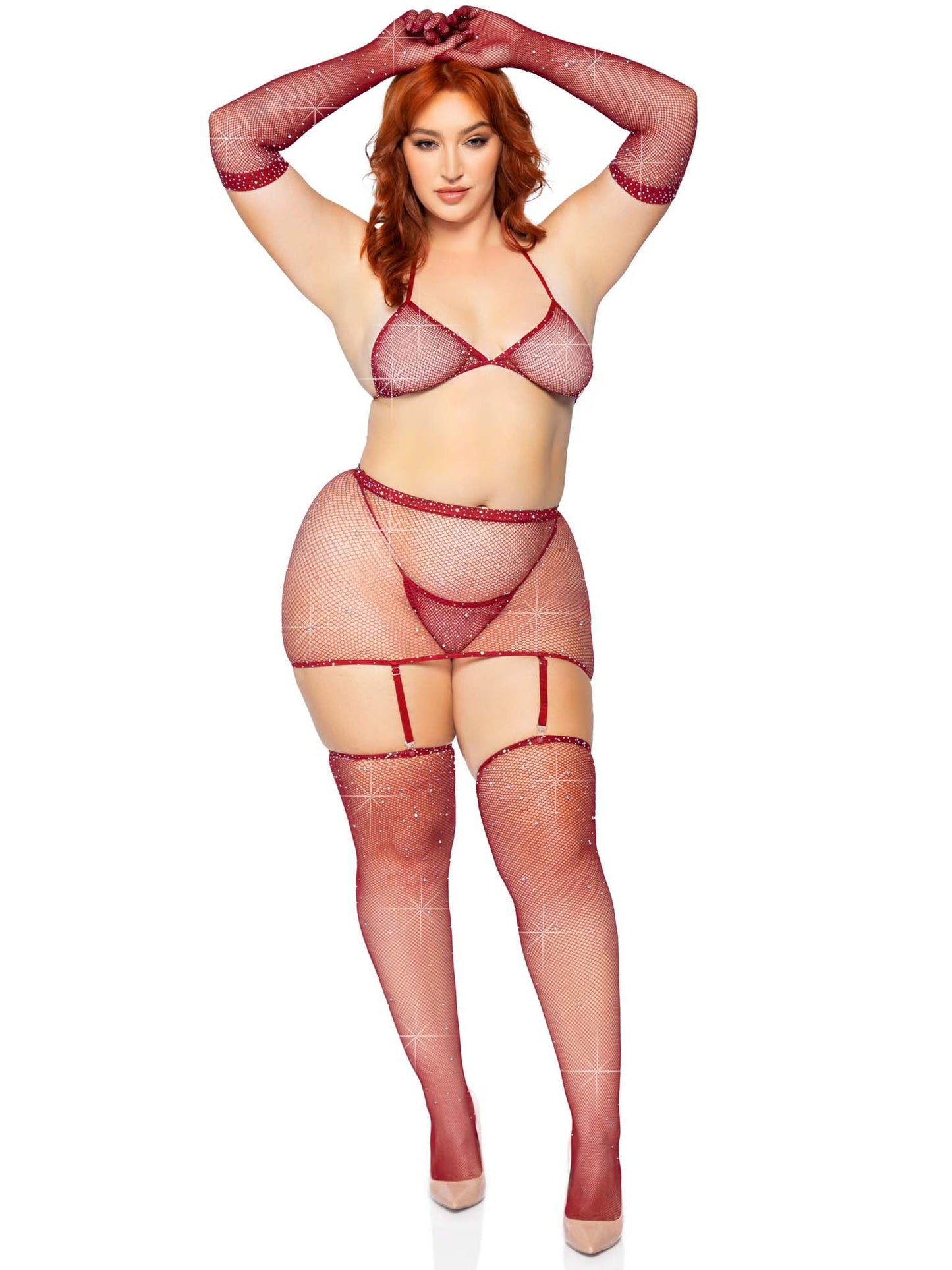 5 Pc Rhinestone Bikini Top G-String Garter Skirt,  Gloves and Stockings - Queen Size - Burgundy