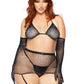 5 Pc Rhinestone Bikini Top G-String Garter Skirt,  Gloves and Stockings - Queen Size - Black