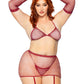 5 Pc Rhinestone Bikini Top G-String Garter Skirt,  Gloves and Stockings - Queen Size - Burgundy