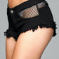 Denim Shorts With Fishnet Top Trimming and Fringe - Medium - Black