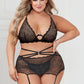 Three Piece Floral Lace Bra, Skirt, and G-String  Set - Queen - Black