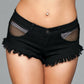 Denim Shorts With Fishnet Top Trimming and Fringe - Medium - Black