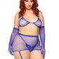 5 Pc Rhinestone Bikini Top G-String Garter Skirt, Gloves and Stockings - Queen Size - Royal Blue