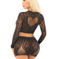 Black 2pc Rhinestone Lace and Net Crop Top with - Heart Keyhole Mini Skirt - Os