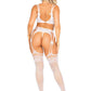 3 Pc Lace Bra Top, G-String, and Garter Belt Stockings O/s - White