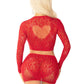 Red 2pc Rhinestone Lace and Net Crop Top with - Heart Keyhole Mini Skirt - Os