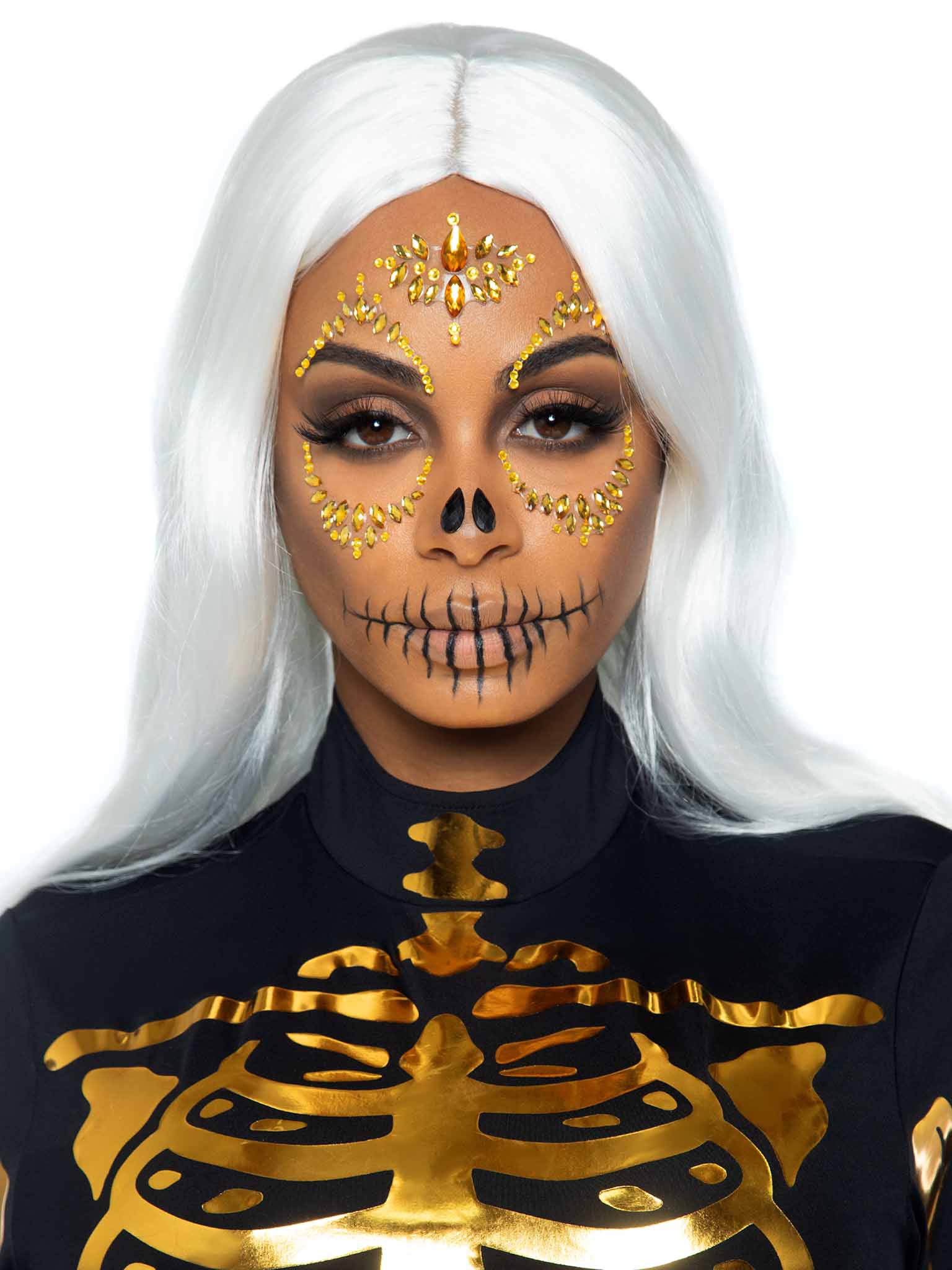 Sugar Skull Adhesive Face Jewels Sticker - Gold LA-EYE039