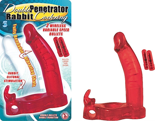 Double Penetrator Rabbit Cock Ring -Red NW2224-1