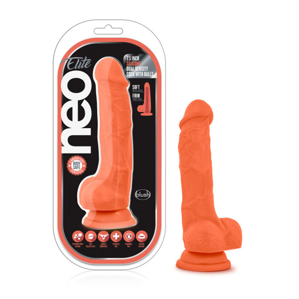 Neo Elite - 7.5 Inch Silicone Dual Density Cock  With Balls - Neon Orange BL-82119