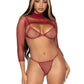3 Pc Industrial Net Bikini Top G-String and Long  Sleeved Crop Top - One Size - Burgundy LA-81583BUR