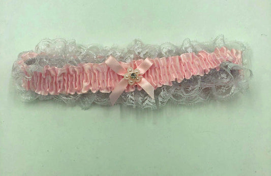 Satin Leg Garter - One Size - Baby Pink With White Lace
