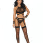 Mesh Bralette, Panty, and Garter Belt - One Size  - Black EM-12009