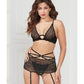 Three Piece Floral Lace Bra, Skirt, and G-String  Set - One Size - Black